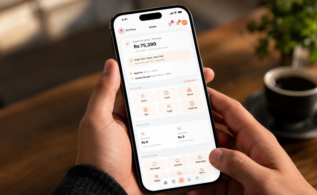 EatsDesk restaurant operations app on a phone showing sales, staff, and kitchen tools